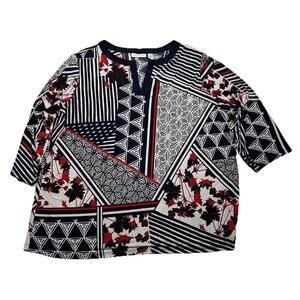 Susan Graver Top Womens 2X Geometric Liquid Knit Stretch Blouse Red Blue 3/4